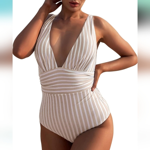 💦NIDALEE Taupe & White Stripe Sexy Swimsuit - Picture 6 of 7